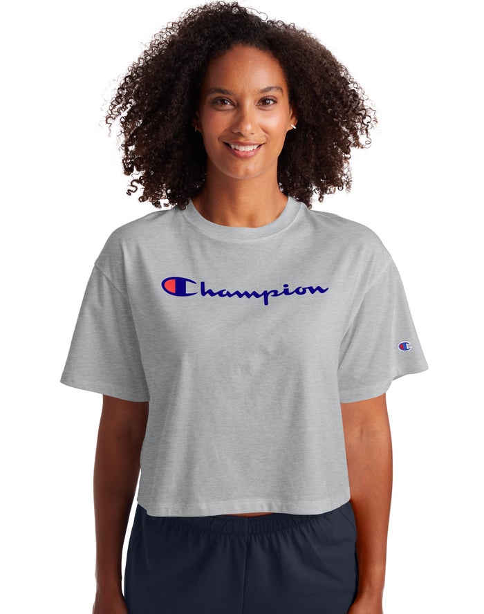 Champion Cropped Script Logo Kadın Tişört Gri ( BYPMKH704 )